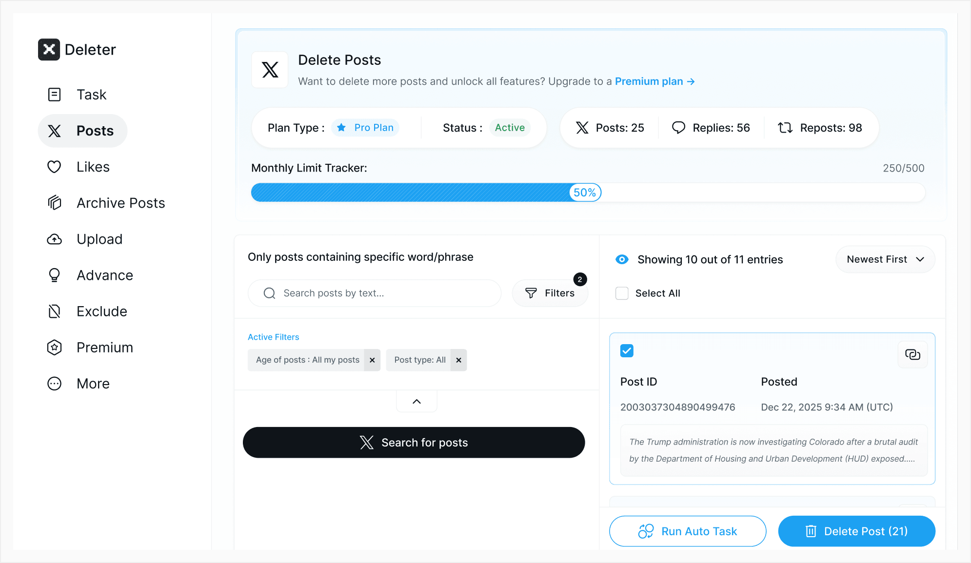 X Deleter dashboard preview