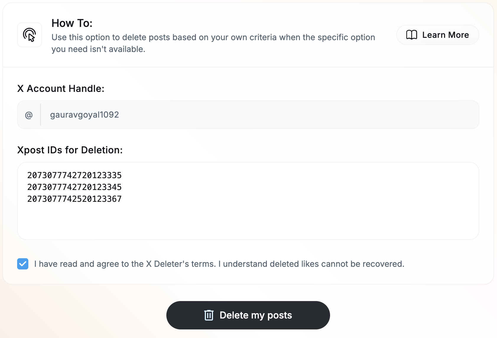 The Advanced deletion form with post IDs pasted in, one per line