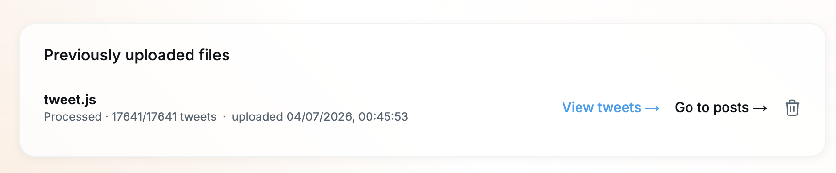 An uploaded file card on the Upload page with its View tweets link