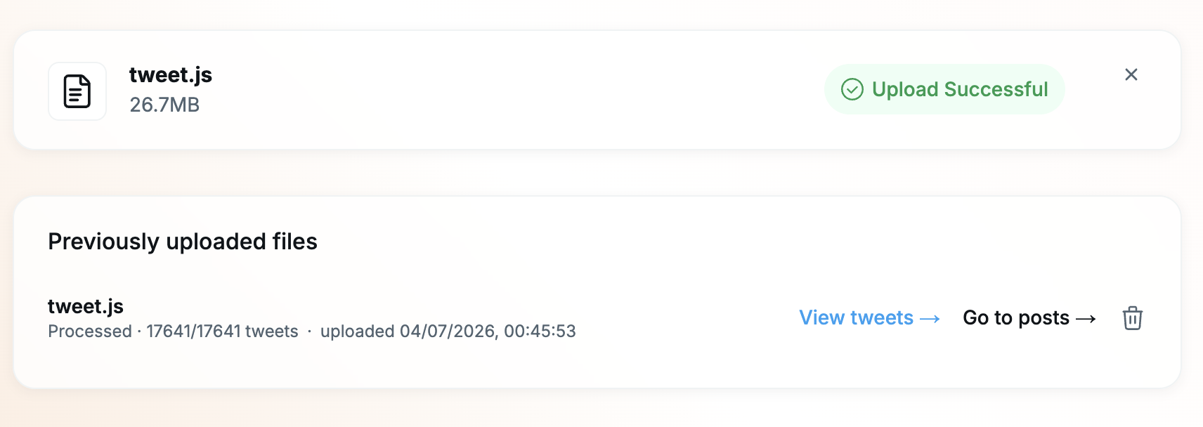 Uploaded file marked processed, showing the post count and View tweets / Go to posts links