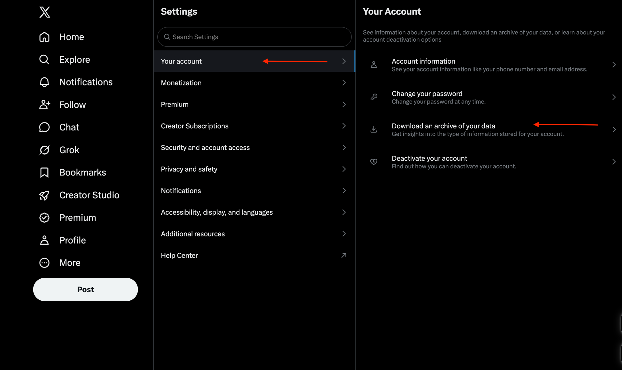 X Settings — Your account — Download an archive of your data
