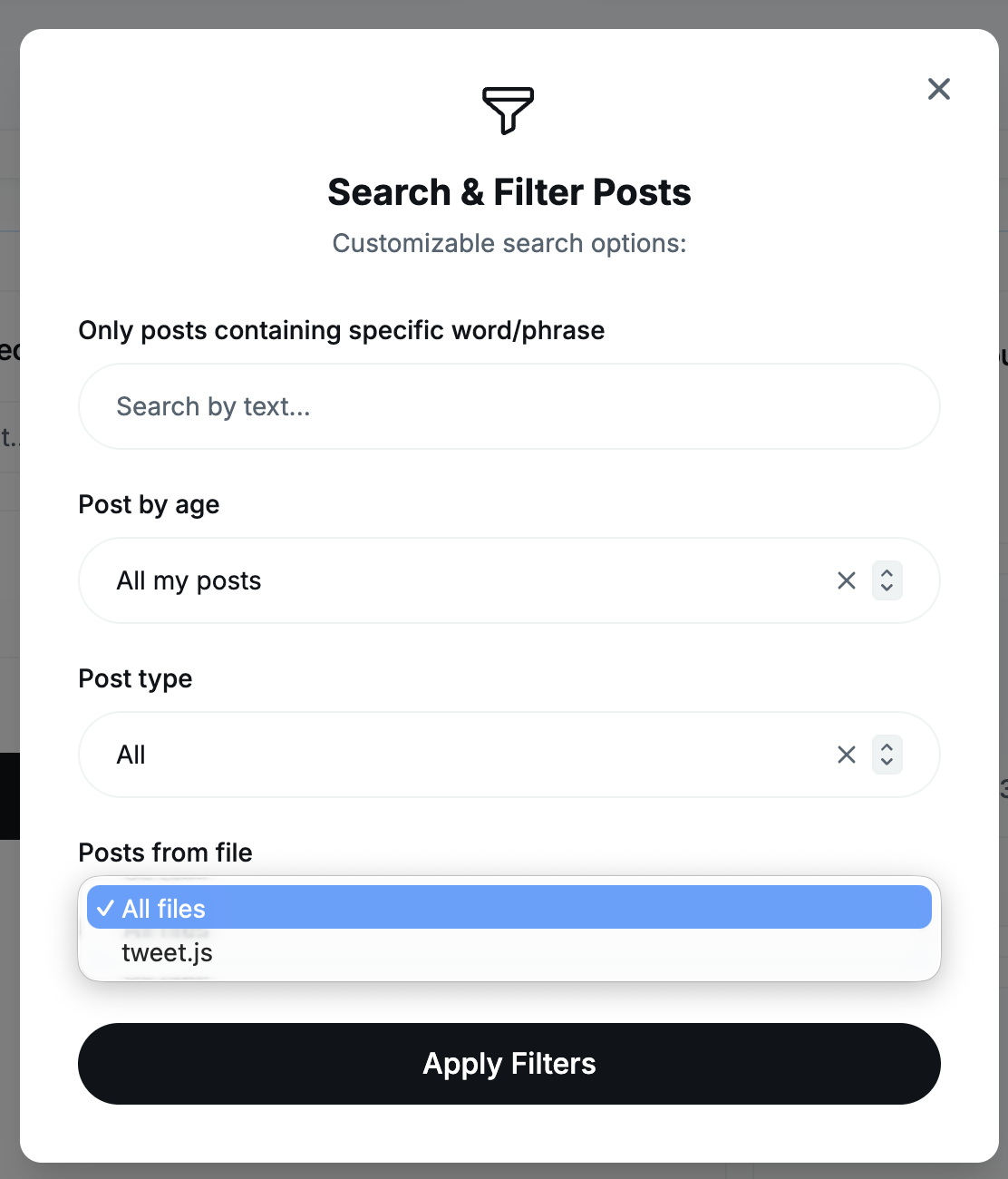 The Search & Filter Posts dialog with an uploaded file chosen under Posts from file